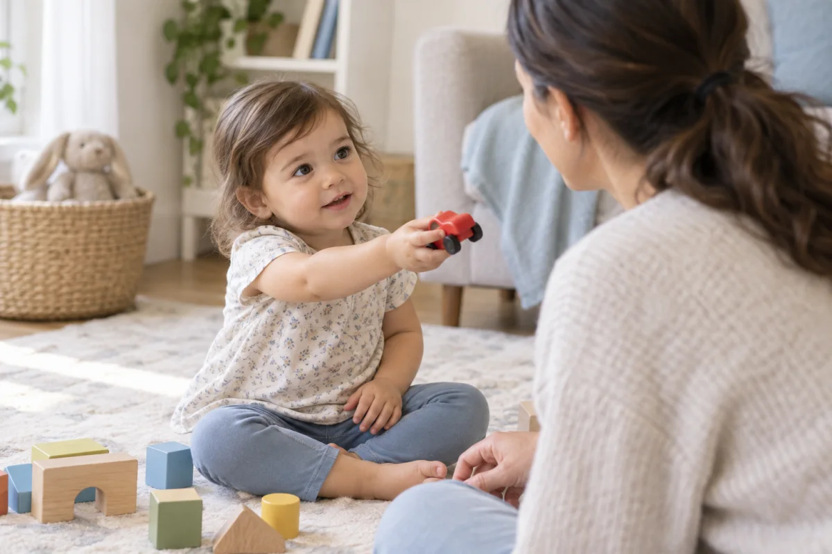 Una niña pequeña ofrece un carrito a su madre mientras comparten la atención durante el juego.
