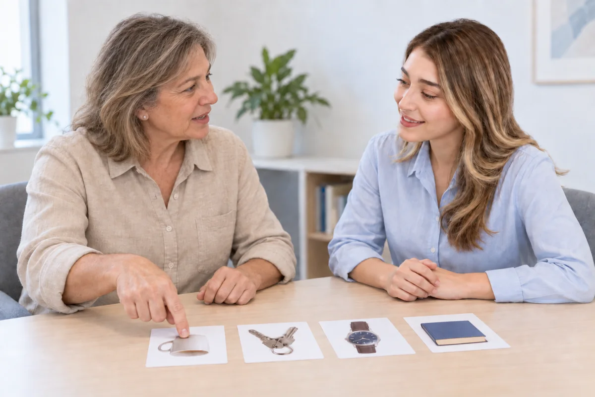 Mujer adulta señala una tarjeta con la fotografía de una taza mientras conversa con una terapeuta en una mesa con tarjetas de objetos cotidianos.
