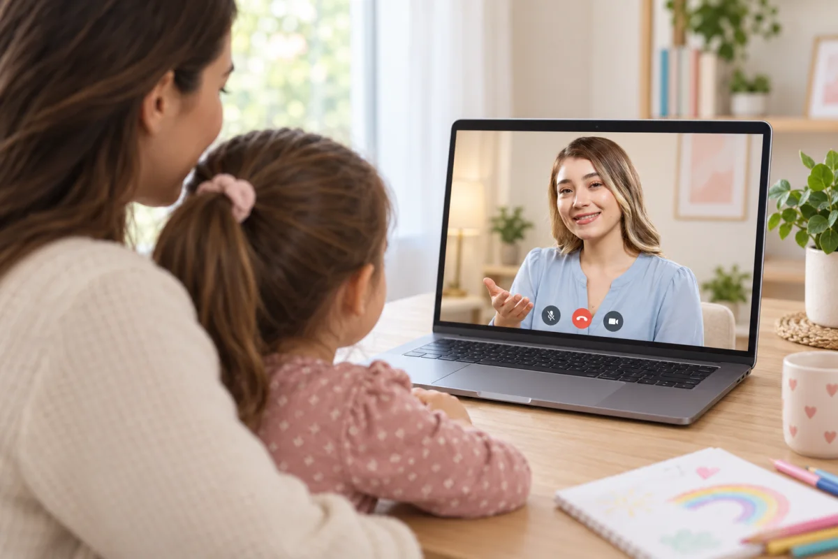Una madre y su hija conversan por videollamada con una terapeuta; escena ilustrativa con la apariencia de María José.